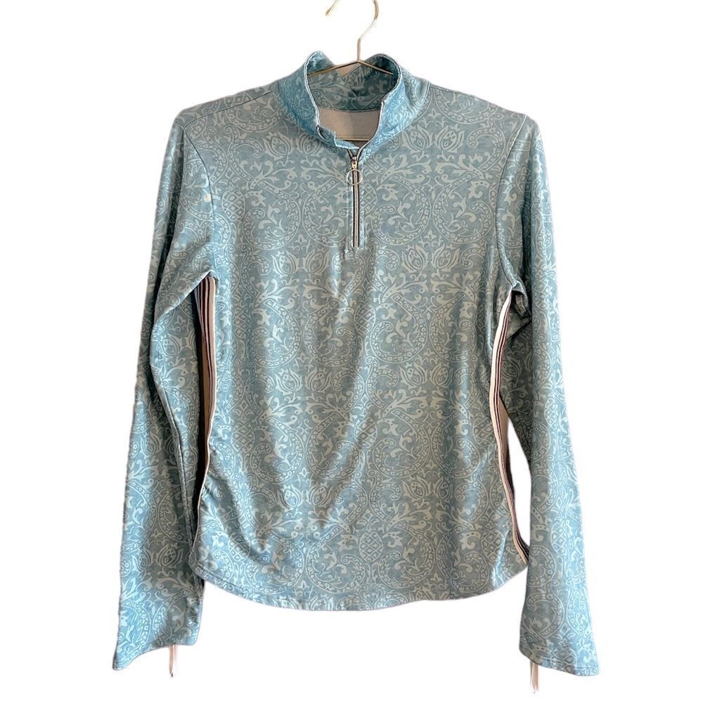 Vintage Athleta Half Zip Pullover Faded Aqua Pineapple Scroll Print | SZ M